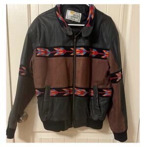 Vintage 90s Mesa Ridge Southwestern Aztec Embroidered Leather Jacket M